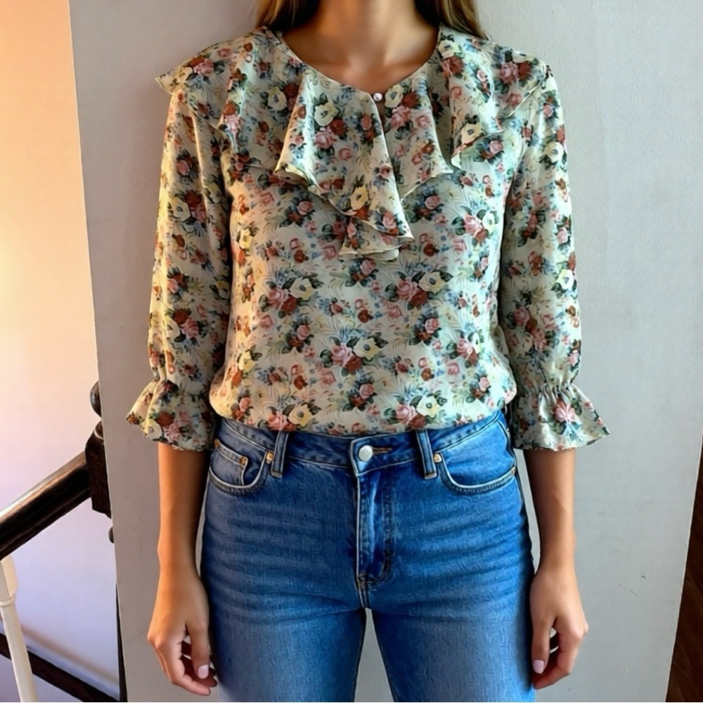 Floral Ruffle Blouse - Cream and Pink